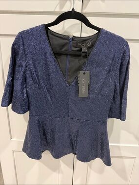 Rachel Zoe Metallic Navy Peplum V-Neck Top NWT